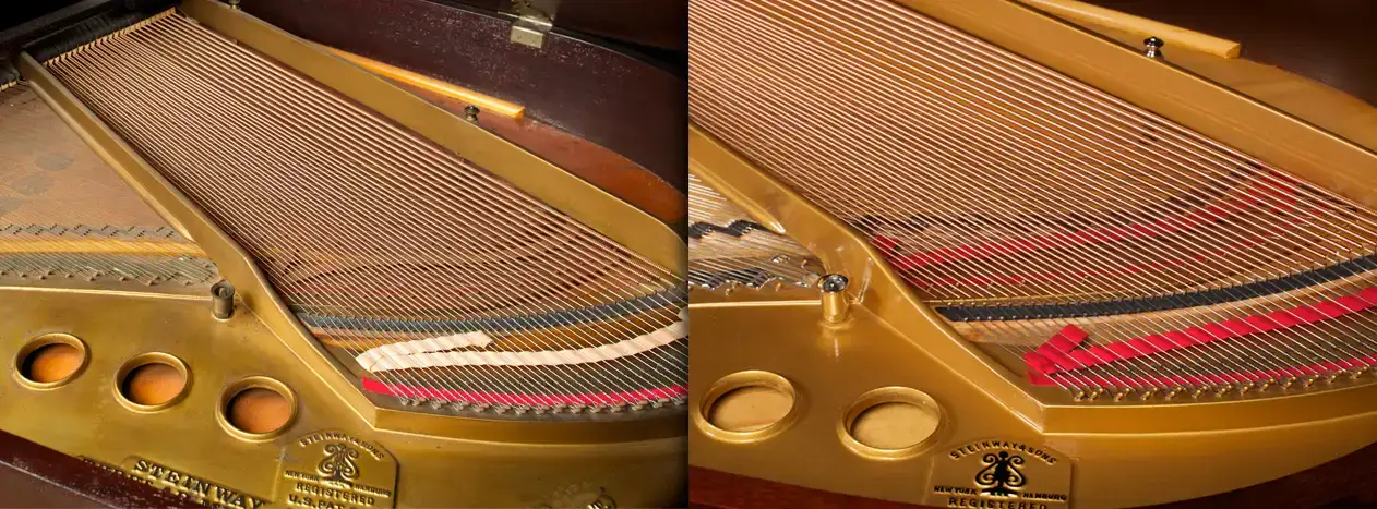 Before and after photo of a Steinway piano harp.